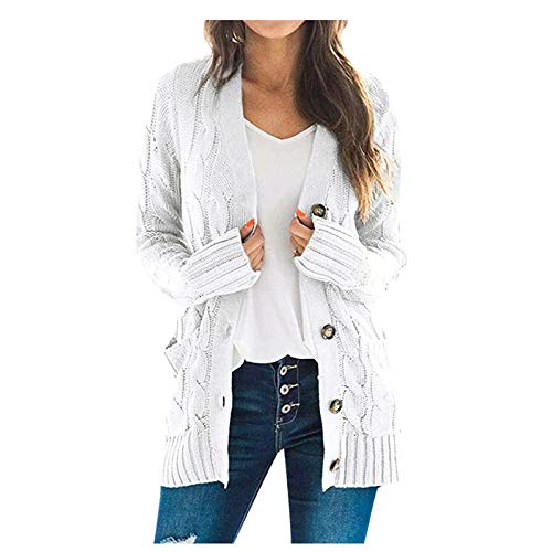 Damen Cardigan Langarm Button Down Strickjacke Herbst Winter Casual Strickcardigan Open Front Sweater mit Taschen (#01E-White, S) von BSWFA