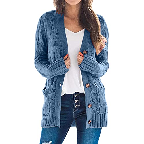 Damen Cardigan Langarm Button Down Strickjacke Herbst Winter Casual Strickcardigan Open Front Sweater mit Taschen (#01F-Blue, M) von BSWFA