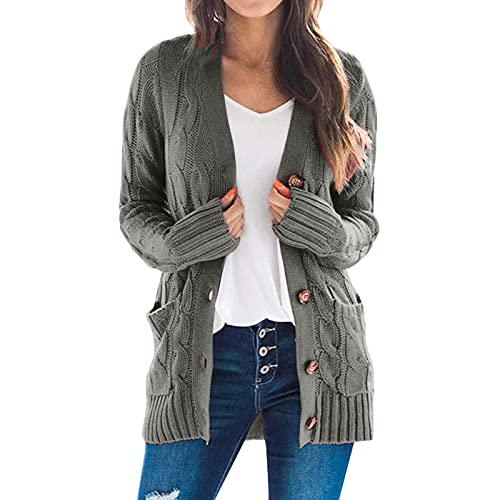 Damen Cardigan Langarm Button Down Strickjacke Herbst Winter Casual Strickcardigan Open Front Sweater mit Taschen (#01F-Grey, XXL) von BSWFA