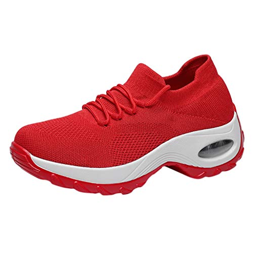 Damen Mesh Turnschuhe Sneaker Schnürer Leichte Stoßfest Mode Sportschuhe Leichte Laufschuhe Hallenschuhe Atmungsaktiv Walkingschuhe Indoor Fitnessschuhe Joggingschuhe Schuhe Sportschuhe (Red, 35) von BSWFA