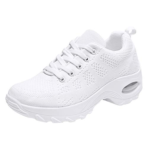 Damen groß Mesh Turnschuhe Luftpolster Sneaker Schnürer Leichte Stoßfest Mode Sportschuhe Leichte Laufschuhe Hallenschuhe Atmungsaktiv Walkingschuhe Indoor Fitnessschuhe Joggingschuhe (White, 35) von BSWFA