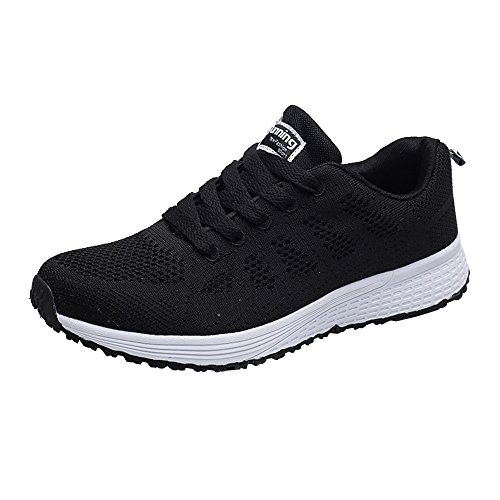 Frauen Mesh Runde Trägern überqueren Flache Schuhe Turnschuhe Atmungsaktiv Weich Leicht Laufschuhe Straßenlaufschuhe rutschfest Laufschuhe Outdoor Casual Schuhe Mit 4 Farben Größe:36-40EU (Black, 36) von BSWFA