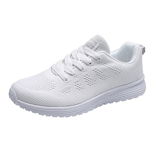 Frauen Mesh Runde Trägern überqueren Flache Schuhe Turnschuhe Atmungsaktiv Weich Leicht Laufschuhe Straßenlaufschuhe rutschfest Laufschuhe Outdoor Casual Schuhe Mit 4 Farben Größe:36-40EU (White, 37) von BSWFA