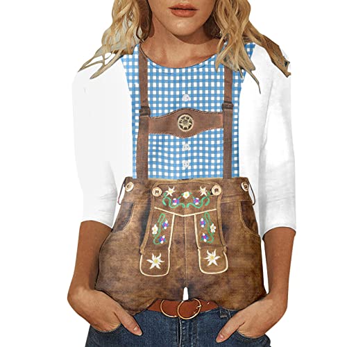 Oktoberfest Blusen Damen, 3/4 Ärmel Sommer Tops Oktoberfest T-Shirt Oberteile mit O-Ausschnitt Basic Shirt Pullover Lockere Bequeme Tunika Bluse Oktoberfest Frauen Kleidung Z01A-Blau XXL von BSWFA