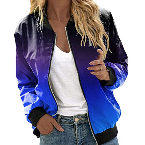 Strickjacke Sommer Damen Leicht, Frühling Herbst Langram Casual Jacke Mode Blumenmuster Bomberjacke Damen Winter Kurz Jacke Reißverschluss Stehkragen Outwear Sweatjacke Damen Ohne Kapuze Z01B-Blau L von BSWFA