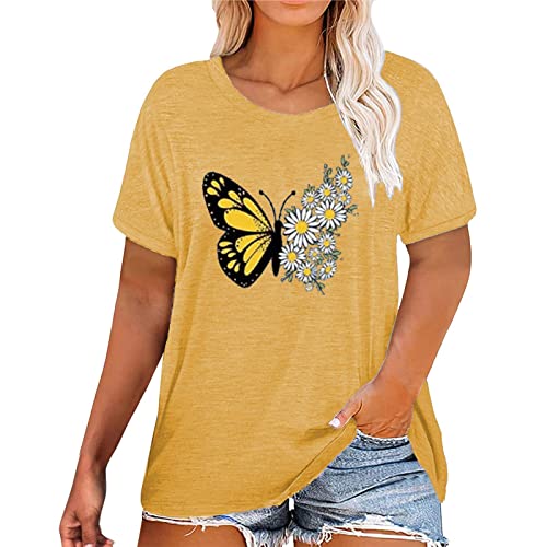 Tshirt Damen Oversize Kurzarm, Kurzarm Sommer Oberteile Drucken Longshirt Mode Lose Rundhals T-Shirt Frauen Teenager Mädchen Tunika Bluse Lang Tops Sport Sweatshirt Damen Sexy Oberteil Z01A-Gelb 3XL von BSWFA