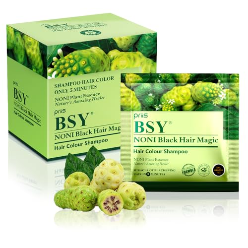 BSY Noni Black Hair Magic Haarfärbe-Shampoo (12mlx12 Sachets) | Ammoniakfreie Haarfarbe für Männer und Frauen | Natürliche schwarze permanente Haarfarbe | Noni-Frucht-Haarfärbung | 5 Minuten Haarfarbe von BSY