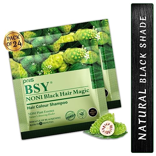 BSY Noni Black Hair Magic Haarfärbe-Shampoo (12mlx24 Sachets) | Ammoniakfreie Haarfarbe für Männer und Frauen | Natürliche schwarze permanente Haarfarbe | Noni-Frucht-Haarfärbung | 5 Minuten Haarfarbe von YBS