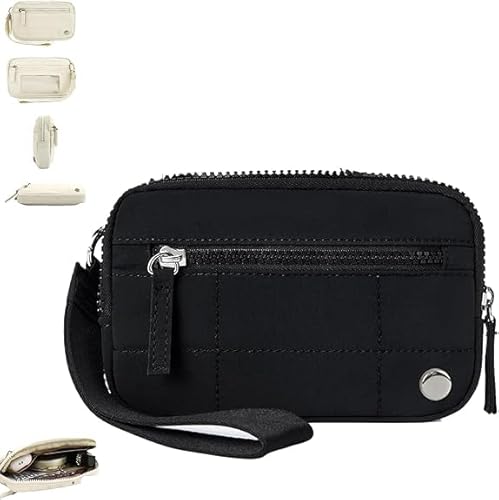BSZYFQVE Damen-Geldbörse mit Handgelenksverschluss, Gesteppte Geldbörse aus Nylon mit 3 Reißverschlüssen und Ausweisfenster, Geldbörse mit Handgelenksverschluss, Gesteppte Geldbörse aus Nylon von BSZYFQVE