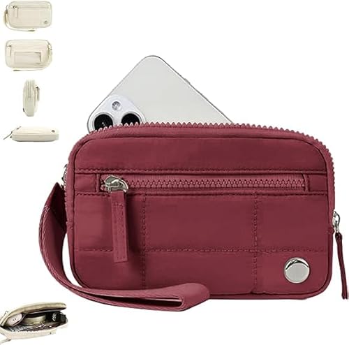 BSZYFQVE Damen-Geldbörse mit Handgelenksverschluss, Gesteppte Geldbörse aus Nylon mit 3 Reißverschlüssen und Ausweisfenster, Geldbörse mit Handgelenksverschluss, Gesteppte Geldbörse aus Nylon von BSZYFQVE