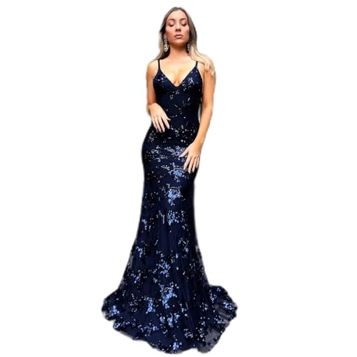 BTAISYDE Damen Off Shoulder Pailletten Nackter Rücken Party Cocktail Abend Ballkleid Meerjungfrau Maxi Langkleid,Blue,S von BTAISYDE