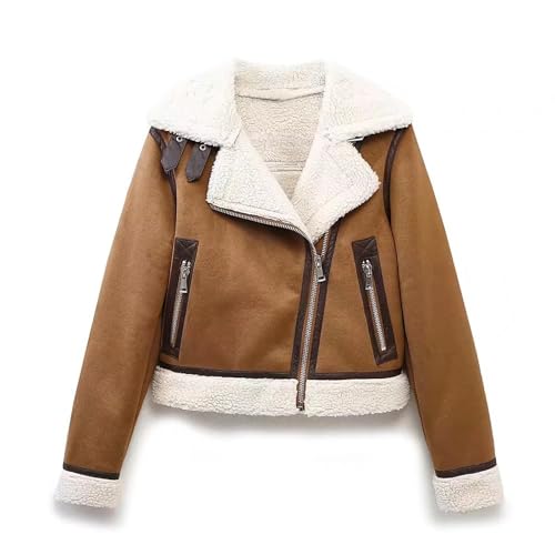 BTAISYDE Damen Schaffell Fliegerjacke Lammfell Pilotenmantel Lässige Lammwolle Bikerjacke Motor Pilotenmantel,Brown,L von BTAISYDE