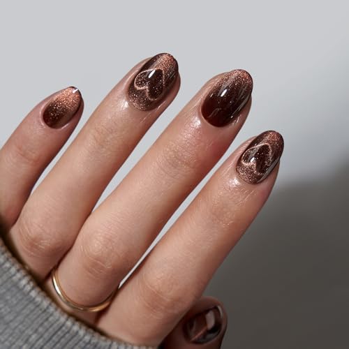 BTArtbox Extra Short Almond Press On Nails - Brown Cat Eye Nägel Zum Aufkleben mit Kleber für Frauen, Opaque Nagel Tips in 16 Größen - 32 Gel x Nail Tips, Heart Coffee Art von BTArtbox