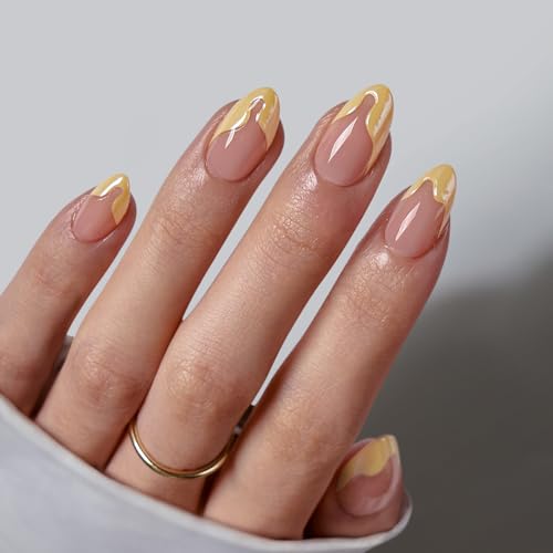 BTArtbox French Nagel Tips - Lamp-Curable Kurze Mandal Press On Nails mit Kleber für Frauen, Halbtransparentes Nägel Zum Aufkleben in 16 Größen - 32 Nägel Set, Lemon Fizz von BTArtbox