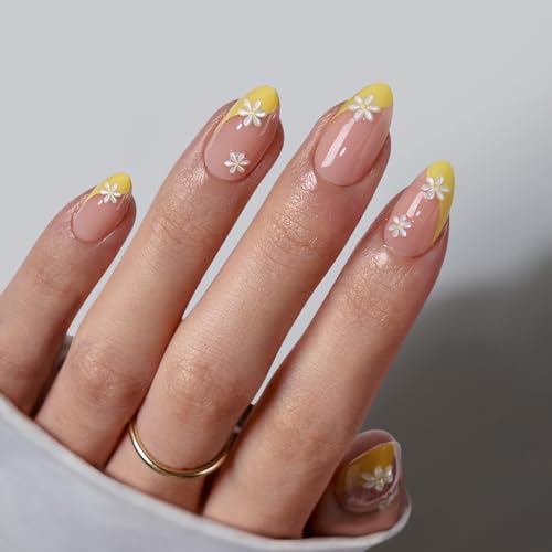 BTArtbox French Nail Nägel Zum Zufkleben- Lamp-Curable Mandal Press On Nails Kurz with Glue for Women, Semi-Transparent Gel Nagel Set in 16 Größen - 32 Stick On Nails Kit, Daisy von BTArtbox