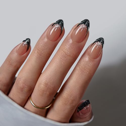 BTArtbox French Tip Press On Nails - Lamp-Curable Kurze Mandal Black Nägel Zum Aufkleben mit Kleber für Frauen, Halbtransparentes Gel X Nail Tips in 16 Größen - 32 Gel Nagel Set, Midnight Spark von BTArtbox