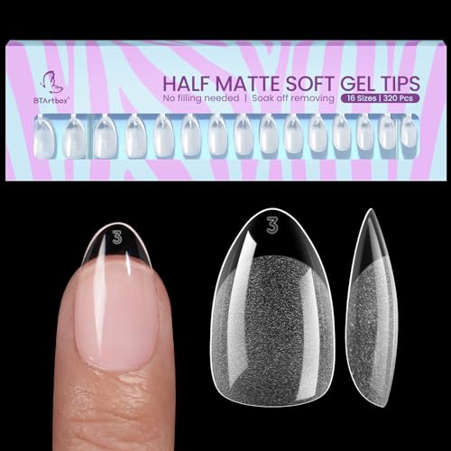 BTArtbox Kurz Mandel Nägel Tips - Vollständige Abdeckung Nail Tips Pre-Shaped Halbmatt Gelly Nagelspitzen für Acrylnägel für Frauen,Salon,320 Stück,16 Größen von BTArtbox