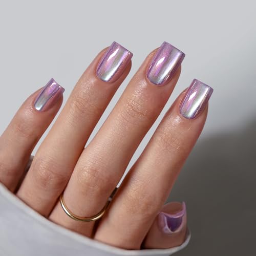 BTArtbox Press On Nails Kurz - Chrome Cat Eye Square Nägel Zum Aufkleben mit Kleber für Frauen, Opaque Gel X Nail Tips in 16 Größen - 32 Gel Nagel Set, Glass Ocean von BTArtbox