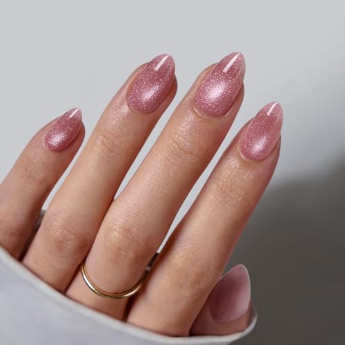 BTArtbox Press On Nails Short - Lamp-Curable Pink Cat Eye Almond Nägel Zum Aufkleben with Glue for Women, Semi-Transparent Nagel Tips in 16 Größen - 32 Gel Nägel Set, Spring Charm von BTArtbox