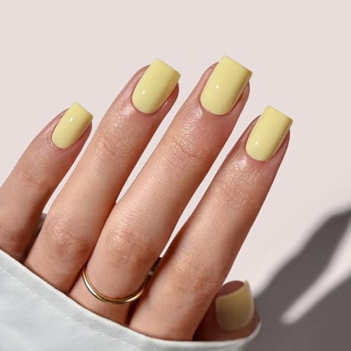 BTArtbox Press On Nails Short - Pastel Yellow Quadratische Sommer Press On Nails mit Kleber für Frauen, Opaque Nägel Zum Aufkleben in 16 Größen - 32 Nagel Tips Set, Lemon Sprint von BTArtbox