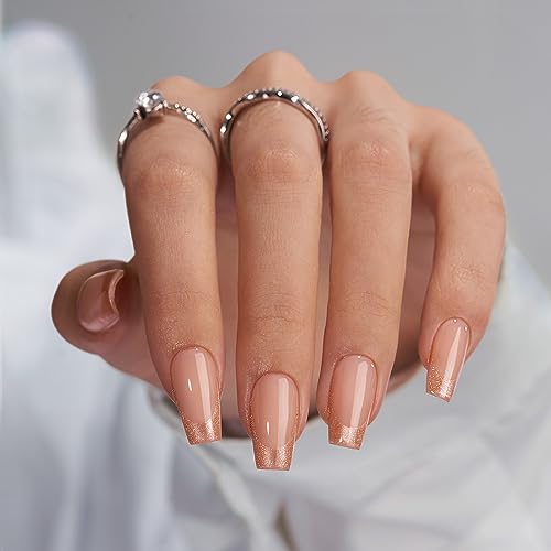 BTArtbox Press on Nails Coffin - Gold Rose French Tips Press On Nails Short for Women, Cat Eye, Glitter Fake Nail with Glue, 16 Sizes 30PCS, Gold Dust von BTArtbox