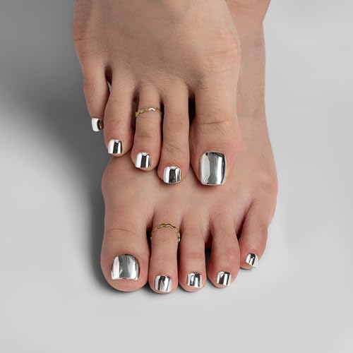 BTArtbox Press on Toenails Short, Metallisch Mirror Sliver Toenail Press Ons Square for Women, Fit Perfectly Press on Toe Nails with Glue, Fake Toenails in 16 Größe- 32 Toenails Kit, Love Streams von BTArtbox