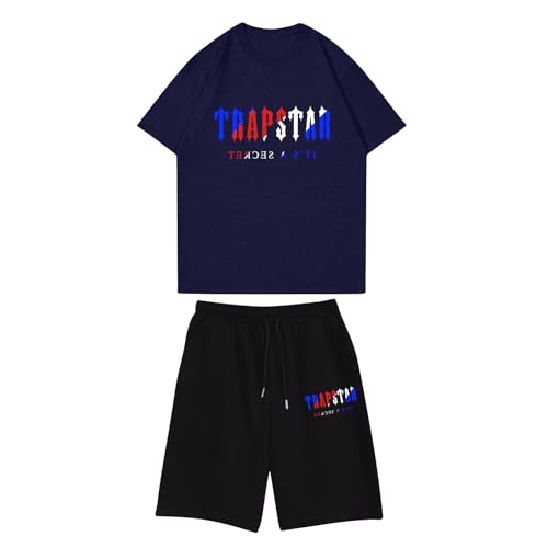 BTBDYDH Herren-Trainingsanzüge Trapstar bedrucktes Freizeit-Jogging-Set 2-teiliges T-Shirt und Sport-Shorts Trainingsanzüge Unisex (01-Dunkelblau,S) von BTBDYDH