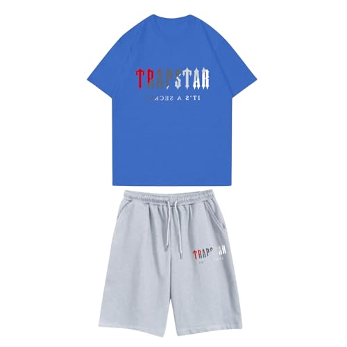 BTBDYDH Herren-Trainingsanzüge Trapstar bedrucktes Freizeit-Jogging-Set 2-teiliges T-Shirt und Sport-Shorts Trainingsanzüge Unisex (02-Blau,XXL) von BTBDYDH