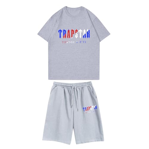 BTBDYDH Herren Trapstar Kurzarm Jogginganzug für Trapstar Bedruckter Sommersportanzug Damen T-Shirt Shorts Set Freizeit T-Shirt 2-teilig Unisex (03-Grau,M) von BTBDYDH