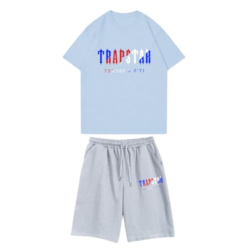 BTBDYDH Herren Trapstar Kurzarm Jogginganzug für Trapstar Bedruckter Sommersportanzug Damen T-Shirt Shorts Set Freizeit T-Shirt 2-teilig Unisex (03-Hellblau,XXL) von BTBDYDH