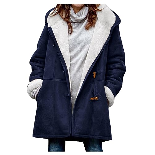 BTBDYDH Jaket Fur Damen Winter Damen Winter MäNtel Einfarbige Warme Wolle Cardigan Casual Mode Lose Jacke Hut Plus Fleece Kragen MäNtel Mit Tasche Outfit Damen Hoody Mit Kapuze (07-Dunkelblau,M) von BTBDYDH