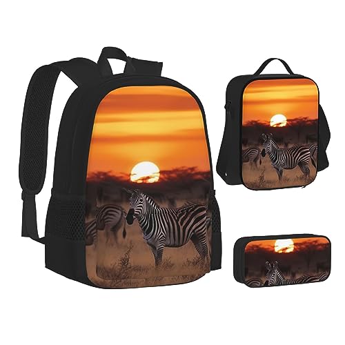 BTCOWZRV 3 Pack Canvas African Animal Leopard Rucksack Schulter Reisetasche für Damen Herren mit Lunchbox Federmäppchen, Afrika Sonnenuntergang Zebra, Einheitsgröße, Daypack Rucksäcke von BTCOWZRV