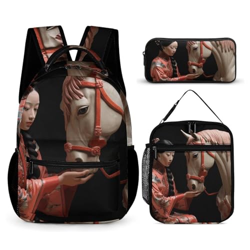 BTCOWZRV 3-teiliges Rucksack-Set mit großem Fassungsvermögen, multifunktionaler Damen- und Pferde-Laptop-Rucksack mit Lunch-Tasche, Federmäppchen, trendiger Rucksack und Stiftetasche, 3-in-1-Set, von BTCOWZRV
