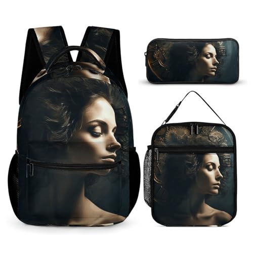 BTCOWZRV 3-teiliges Rucksack-Set mit großer Kapazität, multifunktionaler Damen-Rucksack hinter der alten Uhr, Laptop-Rucksack mit Lunch-Tasche, Federmäppchen, trendiger Rucksack und Stifttasche, von BTCOWZRV