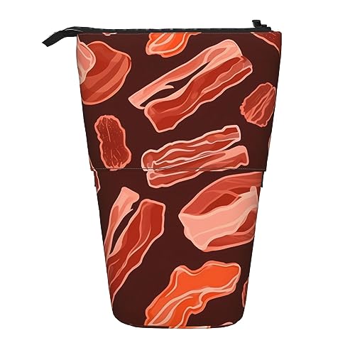 BTCOWZRV Bacon Pattern Standing Pencil Case, Cute Pen Pouch, Telescopic Stationery Pouch Makeup Cosmetics Bag for Women Office von BTCOWZRV