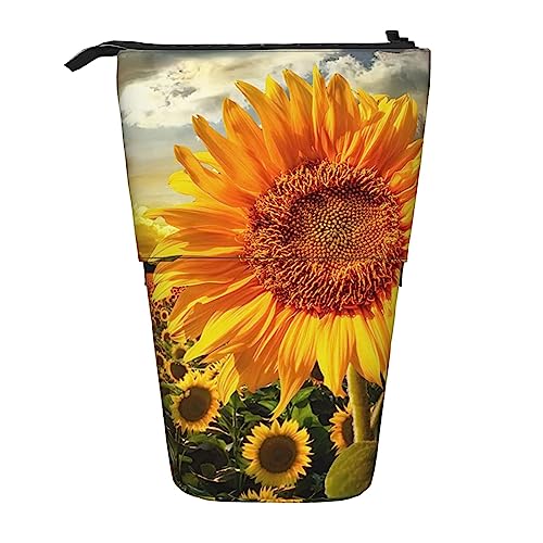 BTCOWZRV Federmäppchen mit Sonnenblumen-Motiv, bedruckt, stehend, Teleskop-Bleistifthalter, niedliches Schreibwarenetui, Büro-Organizer mit Reißverschluss, Schwarz , Einheitsgröße von BTCOWZRV