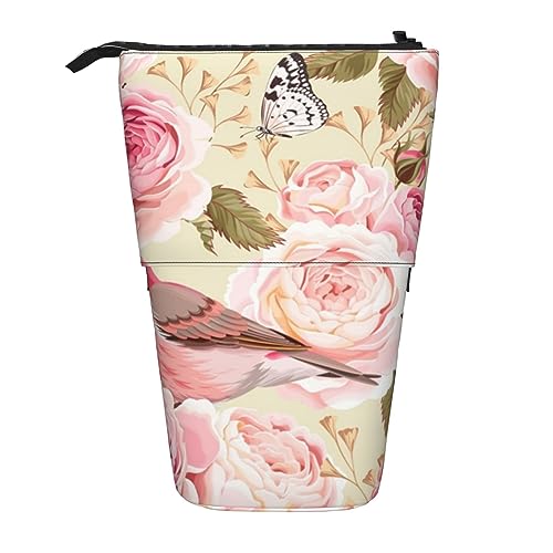 BTCOWZRV Federmäppchen mit englischen Rosen, Vögeln, niedliches Stifteetui, Teleskop-Schreibwaren-Beutel, Make-up-Kosmetiktasche für Frauen, Büro von BTCOWZRV