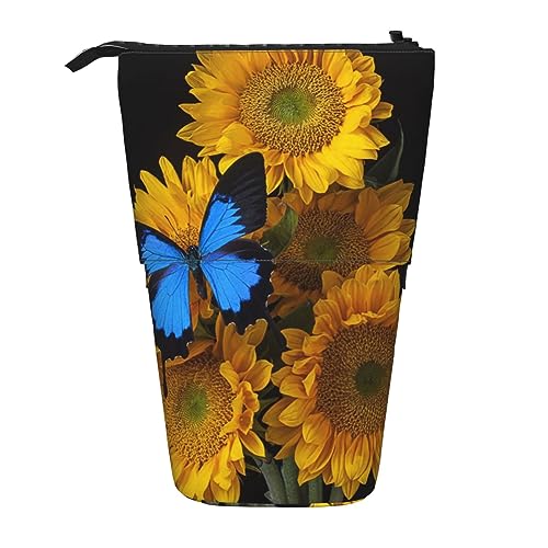 BTCOWZRV Gelbe Sonnenblumen mit blauen Schmetterlingen Federmäppchen Bedrucktes Stehendes Federmäppchen Teleskop-Bleistifthalter Etui Niedliches Schreibwarenetui Büro-Organizer mit Reißverschluss, von BTCOWZRV