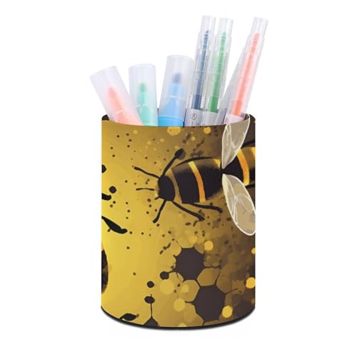 BTCOWZRV Stifthalter, Stehendes Federmäppchen, Bienenmuster, Federmäppchen, runder Stifthalter, PU-Leder, Bleistiftbeutel, Schreibwarenetui für Büro, Stand-up-Organizer, einziehbarer Bleistiftbeutel, von BTCOWZRV