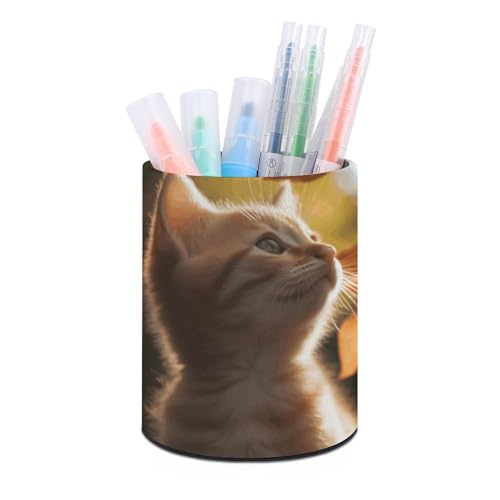 BTCOWZRV Stifthalter Stehendes Federmäppchen Katze unter Blättern Federmäppchen Runder Stifthalter PU-Leder Bleistifttasche Schreibwarenetui für Büro Stand-up Organizer Einziehbare Bleistifttasche von BTCOWZRV
