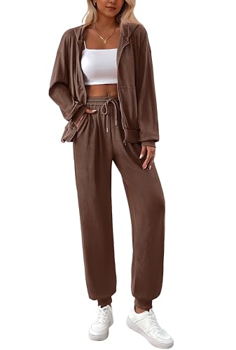 BTFBM 2-teiliges Damen-Outfit 2024 Herbst-Sweatanzug-Set, Reißverschluss, Kapuzenpullover, Sweathose, Trainingsanzug, Lounge-Set, passendes Set, Solider Kaffee, Medium von BTFBM