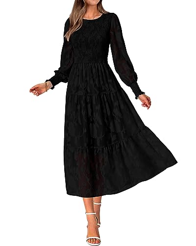 BTFBM Casual Damen 2023 Herbst Kleider Elegant Hochzeit Gastkleid Langarm Floral Midi Kleid Flowy Bohemian Langes Kleid, Schwarz, Groß von BTFBM