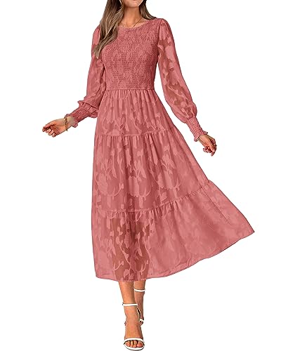 BTFBM Casual Damen 2023 Herbst Kleider Elegant Hochzeit Gastkleid Langarm Floral Midi Kleid Flowy Bohemian Langes Kleid, dunkelrosa, Mittel von BTFBM