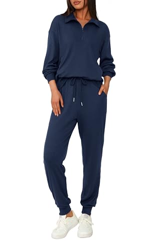 BTFBM Damen 2 Stück Trainingsanzug Herbst Outfits 2023 Langarm Half Zip Sweatshirt Sweatpants Lounge Set Sweatsuits, Solid Navy, Medium von BTFBM