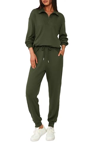 BTFBM Damen 2 Stück Trainingsanzug Herbst Outfits 2023 Langarm Half Zip Sweatshirt Sweatpants Lounge Set Sweatsuits, Solides Armeegrün, Medium von BTFBM