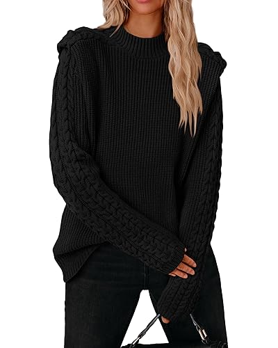 BTFBM Damen-Pullover 2023, Langarm, Rundhalsausschnitt, solides Zopfmuster, grob, lässig, übergroßer Pullover, Einfarbig Schwarz, X-Groß von BTFBM