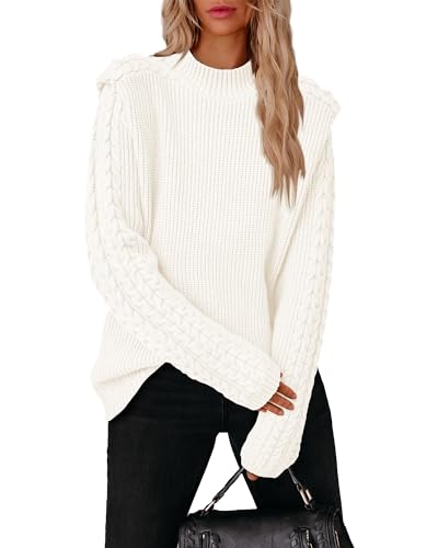 BTFBM Damen 2023 Herbst Langarm Pullover Rundhals Solide Zopfmuster Chunky Casual Oversized Pullover Pullover Tops, reines Weiß, X-Groß von BTFBM