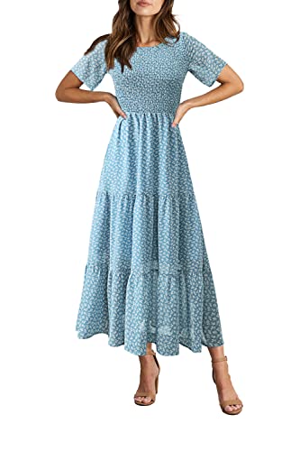 BTFBM Damen Casual Kurzarm Rundhals Sommerkleid Bohemian Floral Printed Flowy Maxikleider Gestuftes Cocktailkleid, Blumenmuster in Blau und Weiß, Mittel von BTFBM