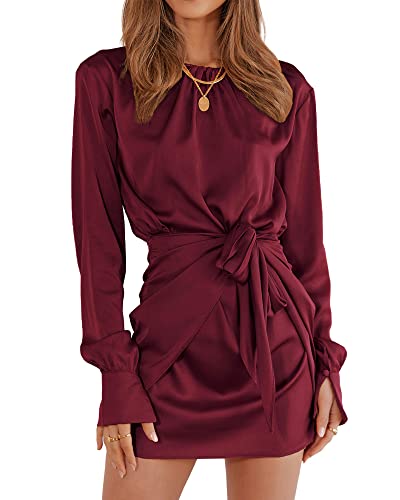 BTFBM Damen Casual Langarm Rüschen Wickelkleid Rundhalsausschnitt Taille Kurzes Kleid Einfarbig Minikleid Satin Cocktailkleid, Weinrot, Groß von BTFBM