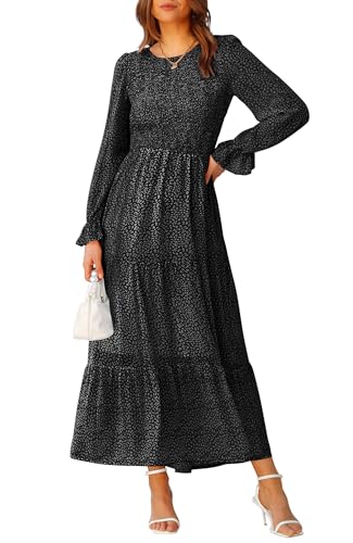BTFBM Damen Casual Langarm Rundhals Herbst Kleid Bohemian Relaxed Fit Floral Flowy Maxi Kleider gestuftes Cocktailkleid, Floral Black, Klein von BTFBM